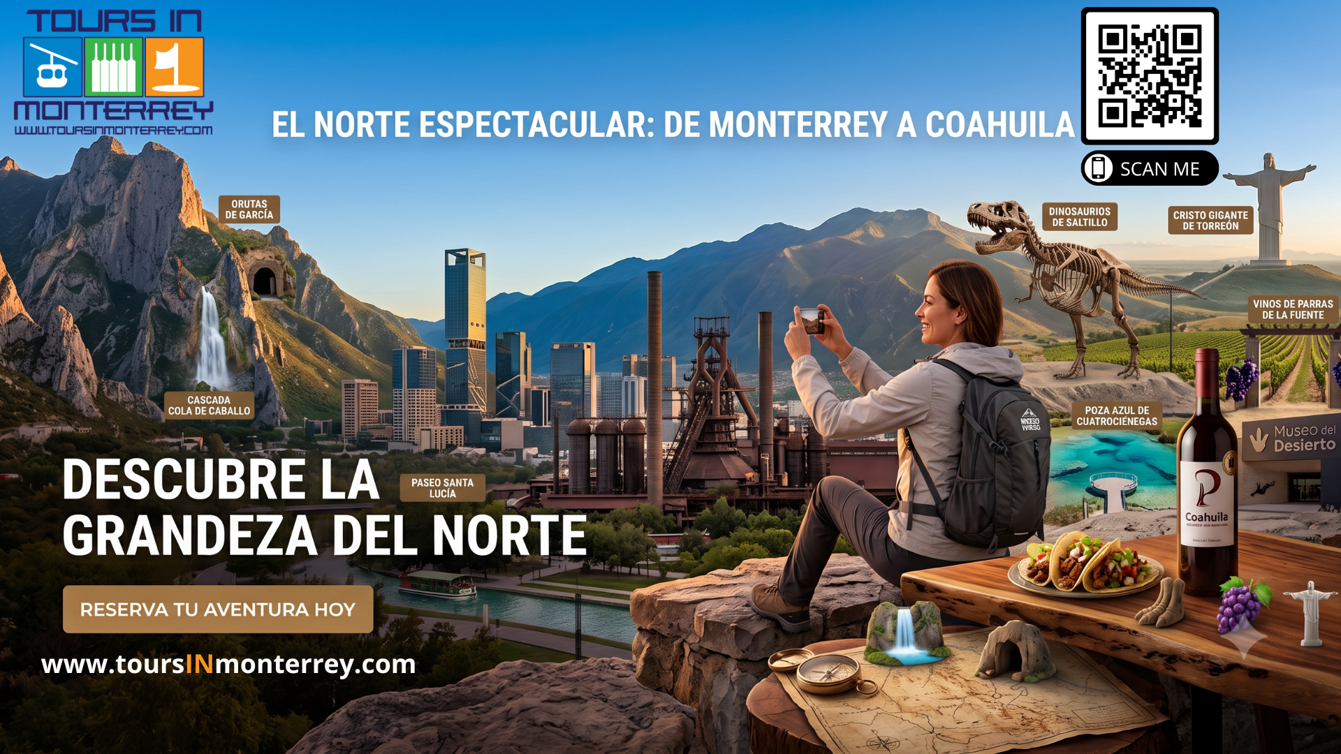 Tours in Monterrey — El Norte Espectacular: de Monterrey a Coahuila. Descubre la grandeza del norte, Grutas de García, Cañón de la Huasteca, Dinosaurios de Saltillo, Vinos de Parras.